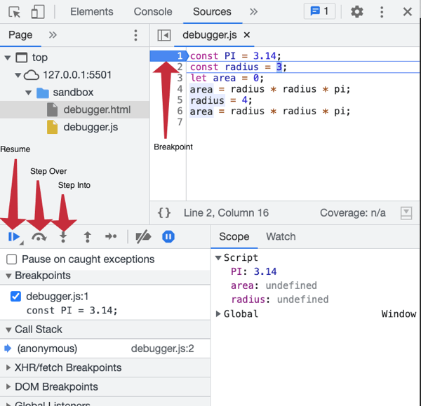 Debugging sources tab in developer tools